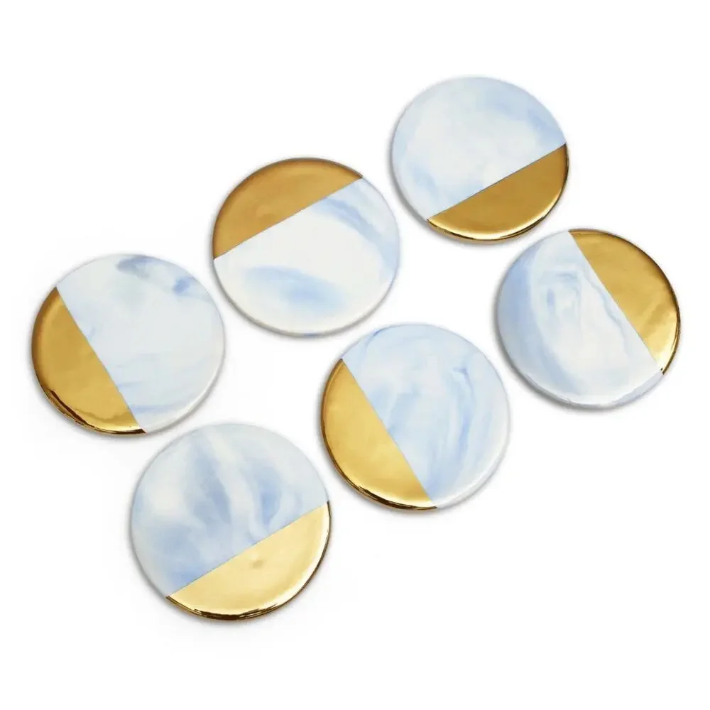 NWT Unbranded Marble Drink Coasters Set of 6 Blue Gold Modern Glam Home Decor